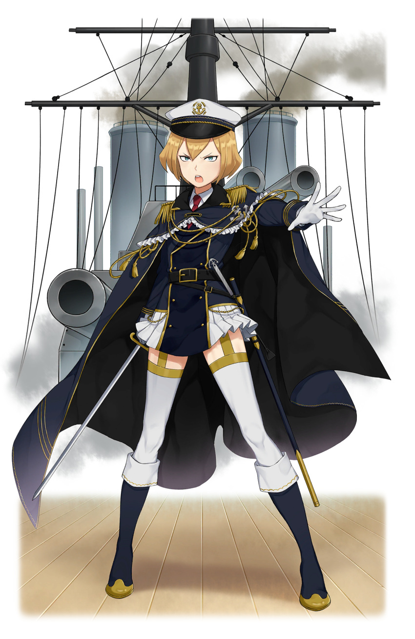 &gt;:o 1girl anchor belt black_footwear blue_eyes boots cannon epaulettes full_body garter_straps gloves hair_between_eyes hat highres holding holding_sword holding_weapon knee_boots looking_at_viewer mast official_art outstretched_hand princess_principal princess_principal_game_of_mission short_hair skirt smokestack solo standing sword transparent_background uniform weapon white_gloves white_hat white_legwear white_skirt zelda_(princess_principal)