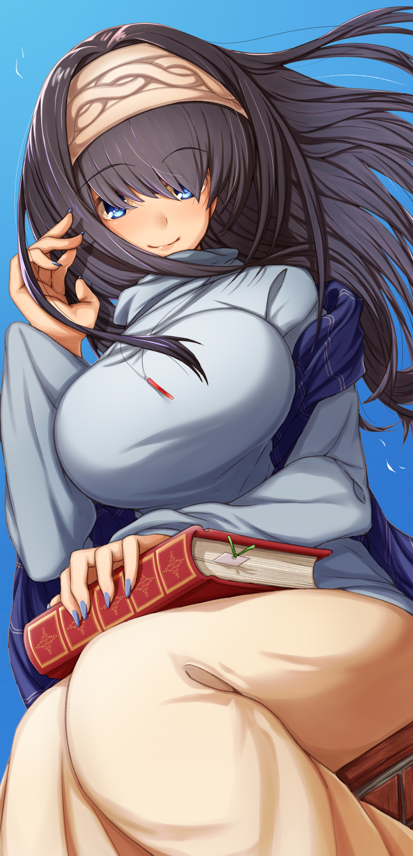 1girl absurdres bangs black_hair blue_background blue_eyes blush book breasts commentary_request eyebrows_visible_through_hair fingernails hairband highres holding holding_book idolmaster idolmaster_cinderella_girls jewelry large_breasts long_hair looking_at_viewer morino_shoutarou necklace pendant sagisawa_fumika shawl simple_background skirt smile sweater