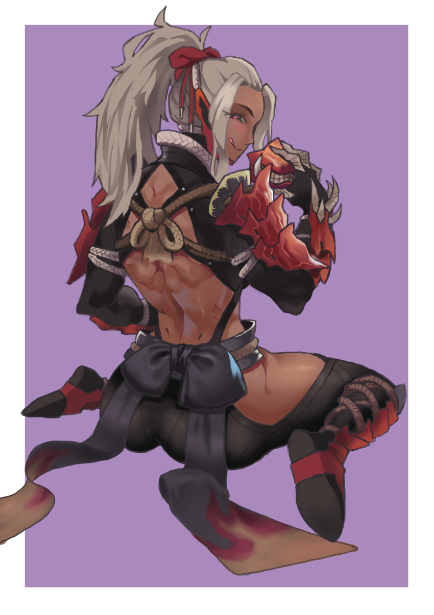 1girl :q aakira armor ass back backless_outfit bare_back blush bow dark_skin from_behind full_body gauntlets grey_hair hand_up heart heart-shaped_pupils high_ponytail highres hip_vent holding holding_mask licking_lips looking_at_viewer looking_back mask mask_removed monster_hunter monster_hunter:_world odogaron_(armor) pants ponytail rope side_glance sitting smile solo spaulders symbol-shaped_pupils toned tongue tongue_out wariza