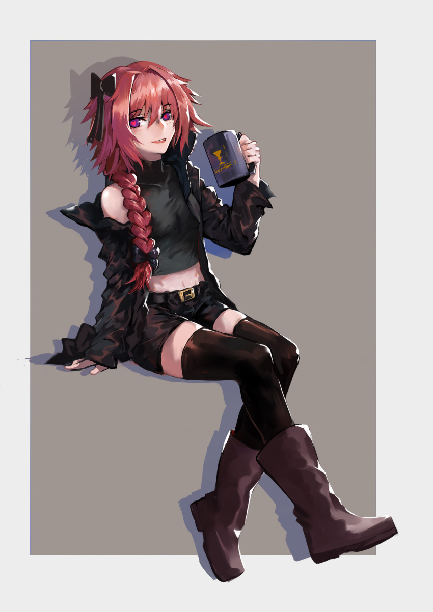 1boy :d absurdres arm_support astolfo_(fate) bangs black_belt black_bow black_jacket black_legwear black_shirt black_shorts blush boots bow braid brown_footwear buckle commentary_request covered_collarbone crop_top eyebrows_visible_through_hair fate/apocrypha fate_(series) full_body grey_background groin hair_between_eyes hair_bow hair_intakes hair_over_shoulder hand_up heart heart-shaped_pupils high_collar highres holding holding_mug jacket knee_boots long_hair long_sleeves looking_at_viewer male_focus navel open_clothes open_jacket open_mouth otoko_no_ko outside_border pink_hair shiny shiny_hair shirt short_shorts shorts simple_background single_braid skin_tight skindentation sleeveless sleeveless_shirt smile solo stomach symbol-shaped_pupils thigh-highs toned toned_male turtleneck violet_eyes white_border xiaozilongjiang