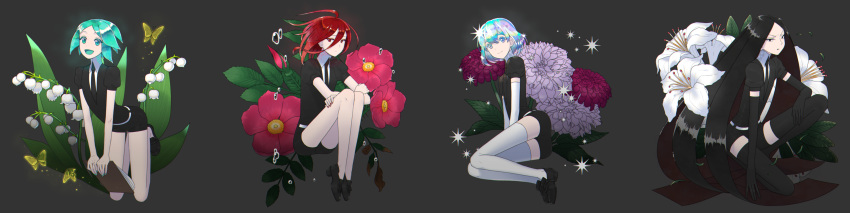 androgynous black_eyes black_hair bort butterfly diamond_(houseki_no_kuni) flower gem_uniform_(houseki_no_kuni) green_eyes green_hair highres houseki_no_kuni kneeling lily_(flower) loafers long_hair long_image medium_hair mercury multicolored_hair one_knee phosphophyllite red_eyes redhead shadow shinsha_(houseki_no_kuni) shoes short_hair shorts sitting smile sparkle tagme thigh-highs user_phru4837 wariza wide_image zettai_ryouiki