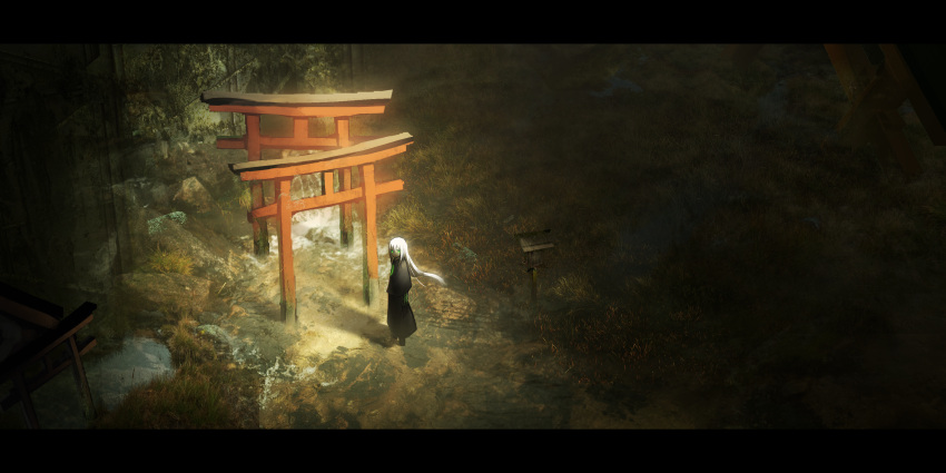 1girl absurdres asuteroid capelet commentary_request floating_hair from_above grass highres letterboxed long_hair looking_at_viewer looking_up original outdoors robe ruins scenery solo standing torii water white_hair