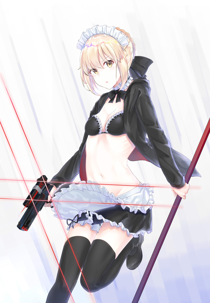 1girl absurdres alternate_costume apron artoria_pendragon_(all) bangs belly bent_knee black_bra black_footwear black_hoodie black_legwear black_skirt blonde_hair bra braided_bun breasts cleavage cowboy_shot detached_collar enmaided eyebrows_visible_through_hair fate/grand_order fate_(series) green_eyes gun highres holding holding_gun holding_weapon lace lace-trimmed_bra laser_beam laser_sight long_sleeves looking_at_viewer maid maid_headdress mary_janes navel open_clothes saber_alter shisuo shoes sidelocks skirt standing swimsuit thigh-highs underwear weapon white_apron zettai_ryouiki