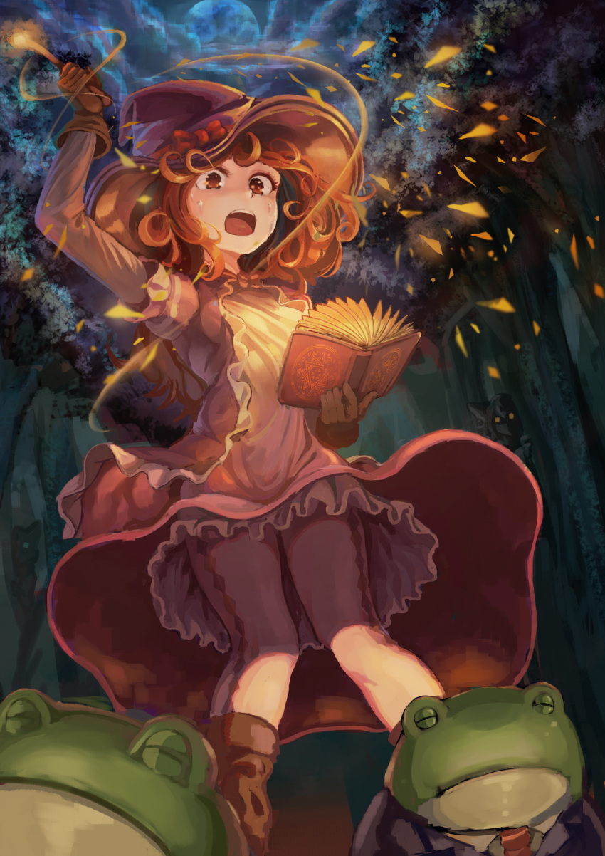 1girl book commentary_request forest formal frills frog gloves hat highres kty_(jarijarikun) magic nature orange_eyes orange_hair original suit wand witch_hat