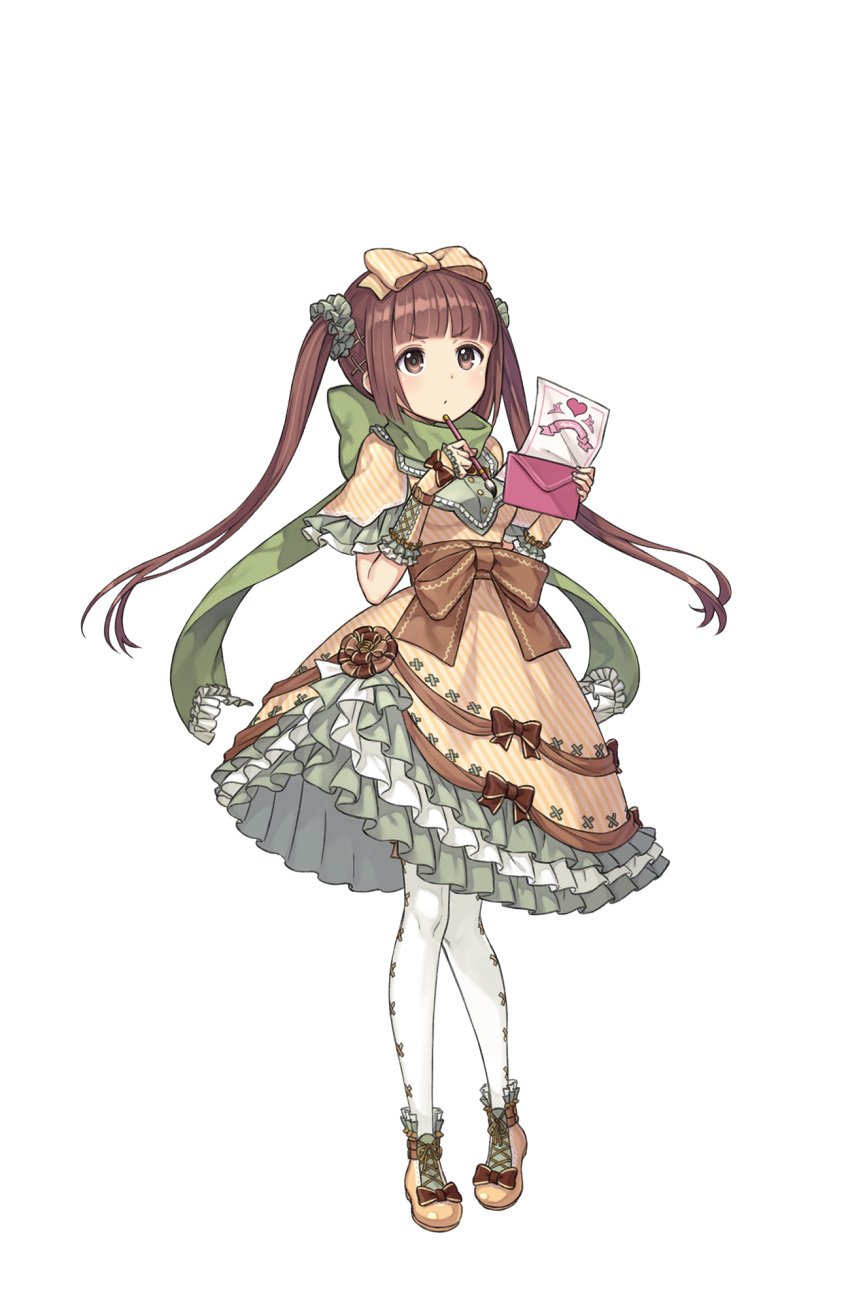 1girl bow brown_eyes brown_hair dress envelope full_body green_scarf hair_bow heart highres kisaragi_(princess_principal) letter long_hair looking_at_viewer official_art paintbrush pantyhose pensive princess_principal princess_principal_game_of_mission scarf solo standing transparent_background twintails white_legwear yellow_dress yellow_footwear