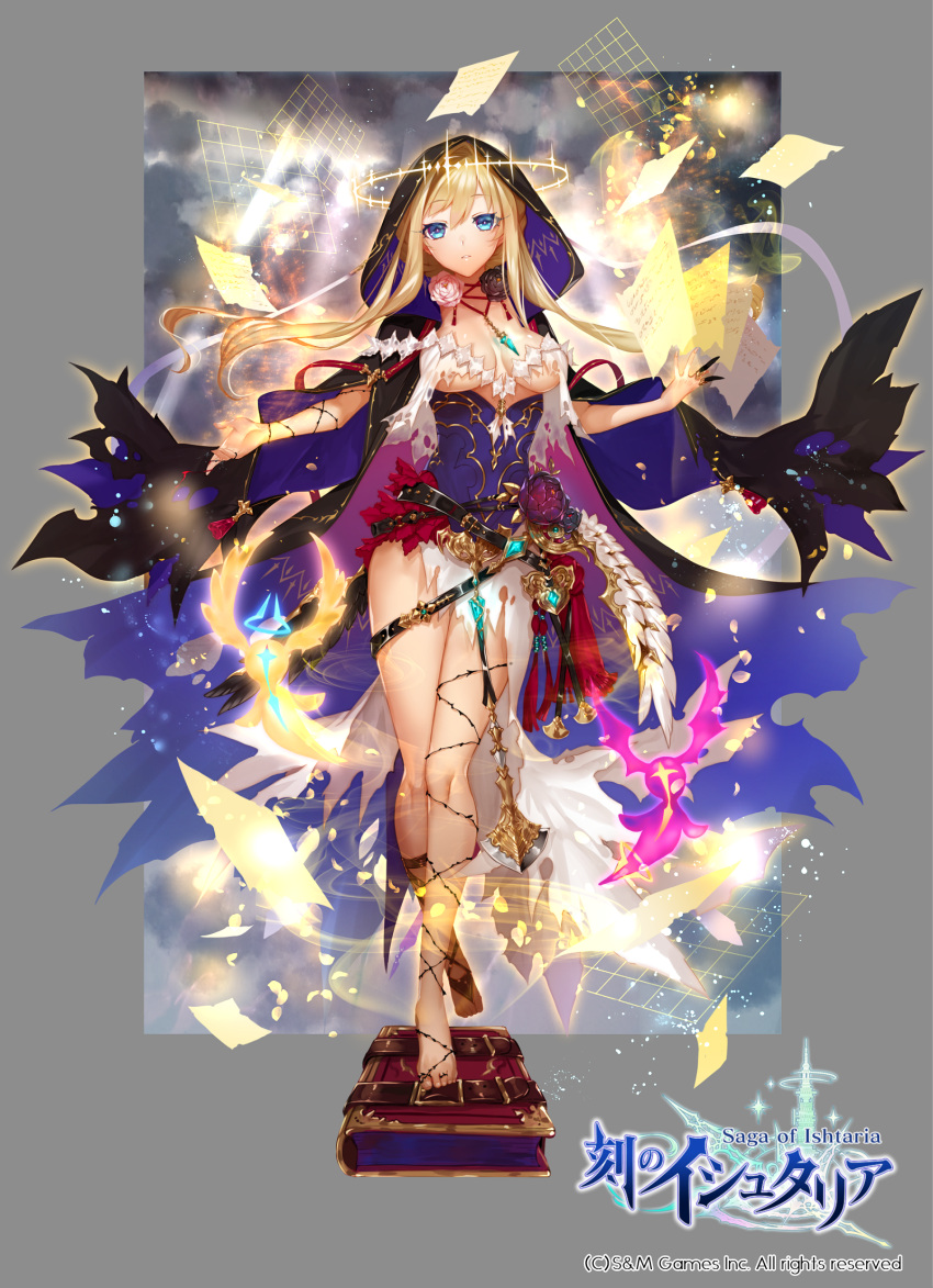 1girl age_of_ishtaria apt bangs belt_buckle black_cape black_flower black_rose blonde_hair blue_eyes book breasts brown_belt buckle cape character_request clouds copyright_name dress eyebrows_visible_through_hair fingernails flower hair_between_eyes head_tilt highres hood hood_up hooded_cape large_breasts long_hair looking_at_viewer official_art paper parted_lips pink_flower pink_rose purple_dress rose solo standing standing_on_one_leg toenails twintails very_long_hair