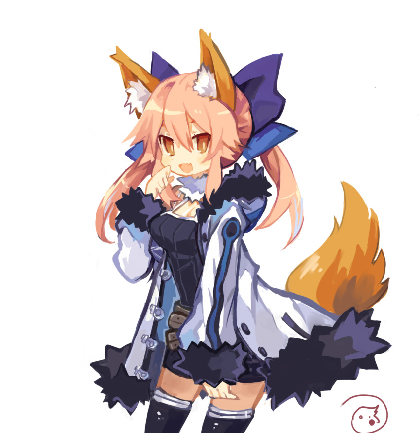 1girl alternate_costume animal_ears asagiri_asagi asagiri_asagi_(cosplay) belt blue_ribbon brown_eyes coat commentary_request cosplay crestquest disgaea fang fate/extra fate_(series) fox_ears fox_tail fur-trimmed_hood fur-trimmed_sleeves fur_coat fur_trim hair_between_eyes hair_ribbon highres long_sleeves looking_at_viewer nippon_ichi open_mouth pink_hair ribbon signature simple_background solo tail tamamo_(fate)_(all) tamamo_no_mae_(fate) thigh-highs white_background zettai_ryouiki