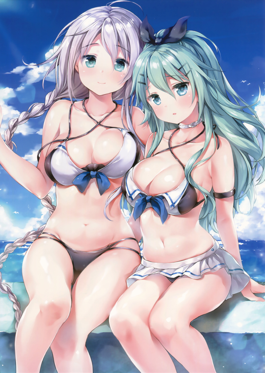 2girls :d :o absurdres aqua_eyes aqua_hair armlet bare_legs bare_shoulders bikini bikini_skirt black_ribbon blue_bow blue_eyes blue_sky blush bow braid breasts chiyingzai cleavage clouds collarbone criss-cross_halter day eyebrows_visible_through_hair hair_ornament hair_ribbon hairclip halterneck highres kantai_collection large_breasts light_rays long_hair looking_at_viewer multiple_girls navel open_mouth outdoors ribbon sarong scan see-through shiny shiny_skin silver_hair sitting sky smile stomach sunbeam sunlight swimsuit tareme twin_braids umikaze_(kantai_collection) very_long_hair yamakaze_(kantai_collection)