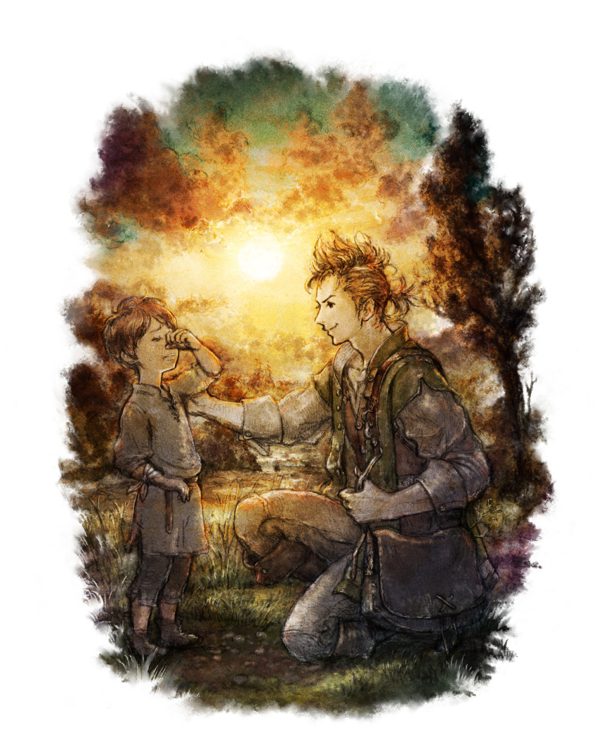 2boys absurdres alfyn_(octopath_traveler) bag brown_hair crying highres kneeling looking_at_another multiple_boys official_art project_octopath_traveler smile square_enix sunset tree yoshida_akihiko