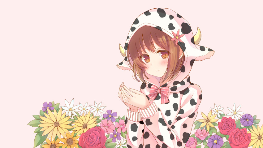 1girl animal_ears animal_print blush bow brown_background brown_eyes brown_hair closed_mouth cow_ears cow_hood cow_horns cow_print fingernails flower hair_flower hair_ornament hands_up highres hood hoodie horns long_sleeves makiaato nail_polish original pink_bow pink_flower pink_nails purple_flower red_flower red_rose rose simple_background smile solo striped striped_bow white_flower yellow_flower