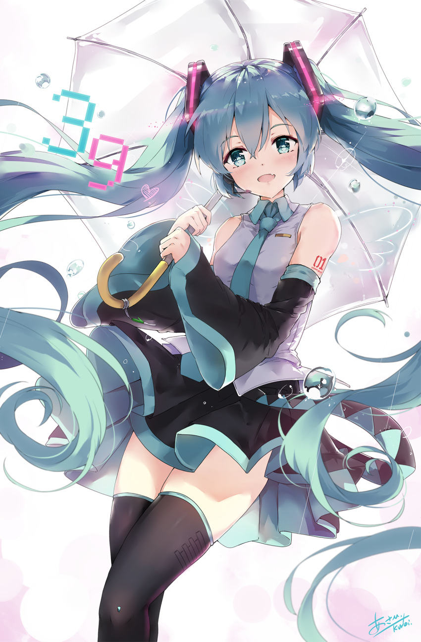 1girl 39 aqua_eyes aqua_hair detached_sleeves fang floating_hair hatsune_miku highres k.syo.e+ long_hair looking_at_viewer necktie number_tattoo open_mouth skirt solo tattoo thigh-highs twintails umbrella very_long_hair vocaloid