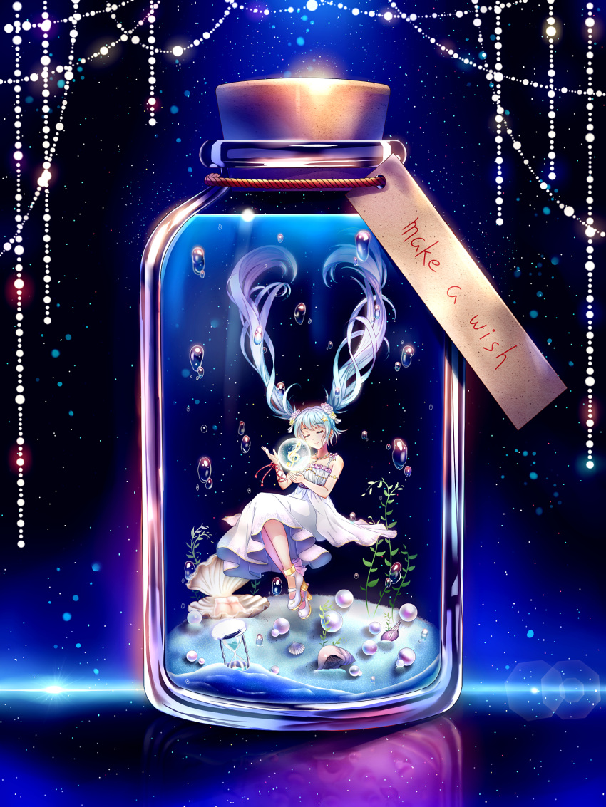 1girl blue_hair bottle bubble closed_eyes dress floating_hair full_body hatsune_miku highres hourglass in_bottle in_container jewelry long_hair minigirl necklace seashell shell shou_ryuusei_ex solo submerged twintails very_long_hair vocaloid white_dress