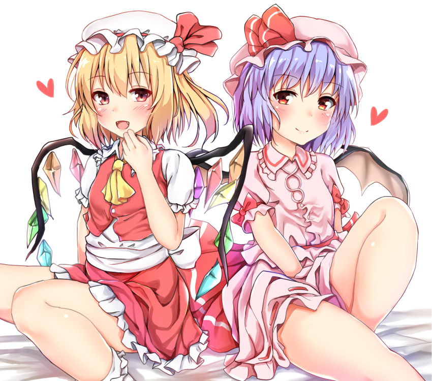 2girls :d bat_wings bent_elbow bent_knee between_legs blonde_hair closed_mouth commentary_request eyebrows_visible_through_hair fangs feet_out_of_frame flandre_scarlet foot_out_of_frame frilled_shirt_collar frilled_skirt frills gem hand_between_legs hat hat_ribbon heart highres knee_up lavender_hair looking_at_viewer mob_cap multiple_girls one_side_up open_mouth pikacchi pink_shirt pink_skirt red_eyes red_ribbon red_skirt red_vest redhead remilia_scarlet ribbon ribbon-trimmed_skirt ribbon-trimmed_sleeves ribbon_trim sash shirt short_hair short_sleeves siblings simple_background sisters sitting skirt smile touhou vest white_background white_legwear white_shirt wings yellow_neckwear