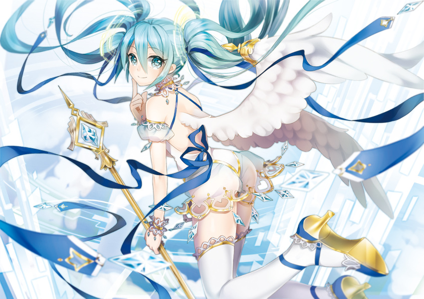 1girl aqua_eyes aqua_hair ass bare_back bare_shoulders blue_footwear blue_ribbon blurry blush closed_eyes commentary_request depth_of_field detached_sleeves dress eyebrows_visible_through_hair feathered_wings flying from_behind hatsune_miku high_heels highres holding holding_staff index_finger_raised long_hair looking_at_viewer looking_back marchen_noir puffy_short_sleeves puffy_sleeves ribbon see-through shinkaisei-kan short_sleeves smile solo staff thigh-highs twintails very_long_hair vocaloid white_dress wings wite_wings zettai_ryouiki