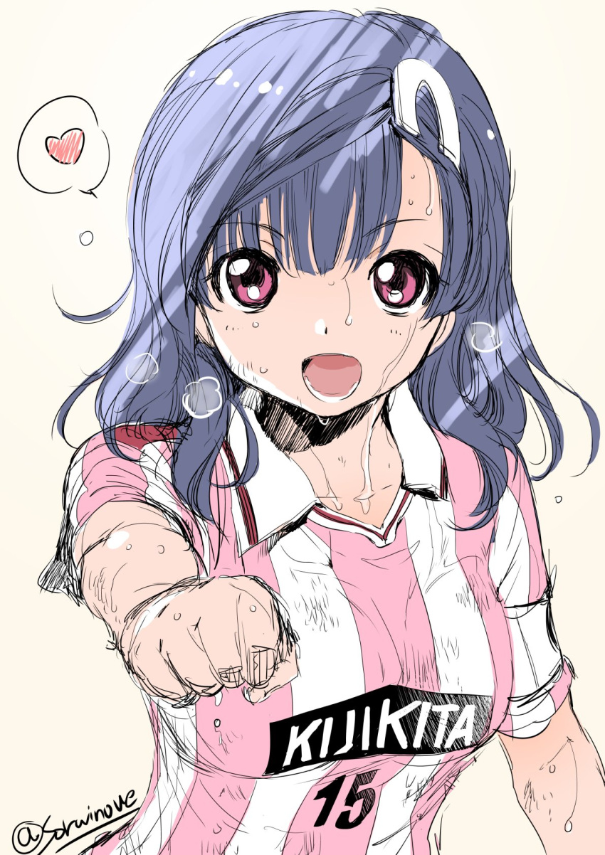 1girl artist_name blue_hair breath clenched_hand clothes_writing dripping fist_bump hair_ornament hairclip heart highres inoue_sora long_hair looking_at_viewer mai_ball! miyano_mai open_mouth pink_eyes short_sleeves signature sketch soccer_uniform solo sportswear striped sweat sweating sweating_profusely twitter_username upper_body vertical_stripes wet