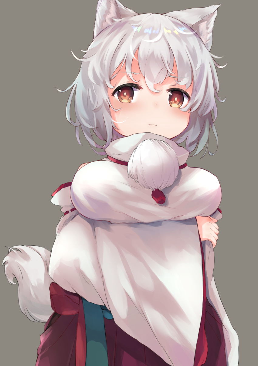 1girl animal_ears bare_shoulders breast_hold breasts detached_sleeves grey_background highres inubashiri_momiji large_breasts looking_at_viewer momiji_manjuu_(usagiblackmore) pom_pom_(clothes) red_eyes red_skirt ribbon-trimmed_sleeves ribbon_trim shirt short_hair silver_hair simple_background skirt sleeveless sleeveless_shirt solo tail touhou turtleneck white_shirt wolf_ears wolf_tail