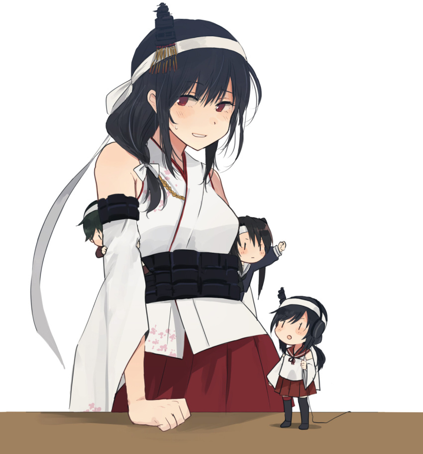 4girls annin_musou bare_shoulders black_hair black_legwear commentary detached_sleeves fairy_(kantai_collection) hair_ornament hakama hakama_skirt headband highres japanese_clothes kantai_collection long_hair long_sleeves mogami_(kantai_collection) multiple_girls nachi_(kantai_collection) nontraditional_miko red_eyes red_hakama short_hair side_ponytail smile thigh-highs white_headband yamashiro_(kantai_collection)