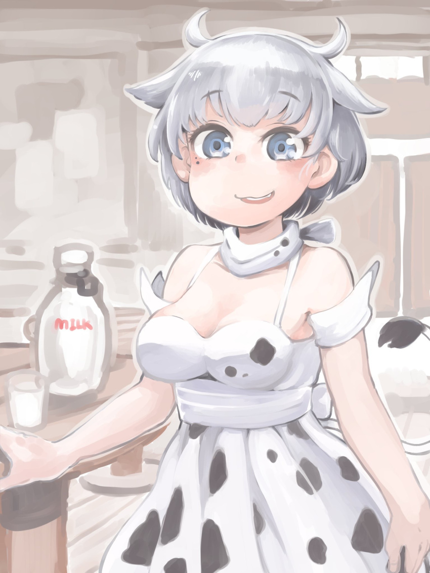 1girl animal_ears animal_print bangs bare_shoulders blue_eyes bottle breasts cleavage cow_ears cow_girl cow_horns cow_print cow_tail dress grey_hair hare_(tetterutei) highres horns looking_at_viewer medium_breasts milk milk_bottle original parted_lips short_hair smile solo standing tail white_dress