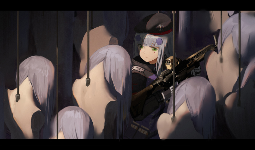 1girl assault_rifle bangs beret black_hat blunt_bangs closed_mouth commentary_request facial_mark girls_frontline gloves green_eyes gun hair_ornament hat heckler_&amp;_koch highres hk416 hk416_(girls_frontline) holding holding_gun holding_weapon lavender_hair letterboxed long_sleeves mannequin namesake rifle solo standing waterkuma weapon