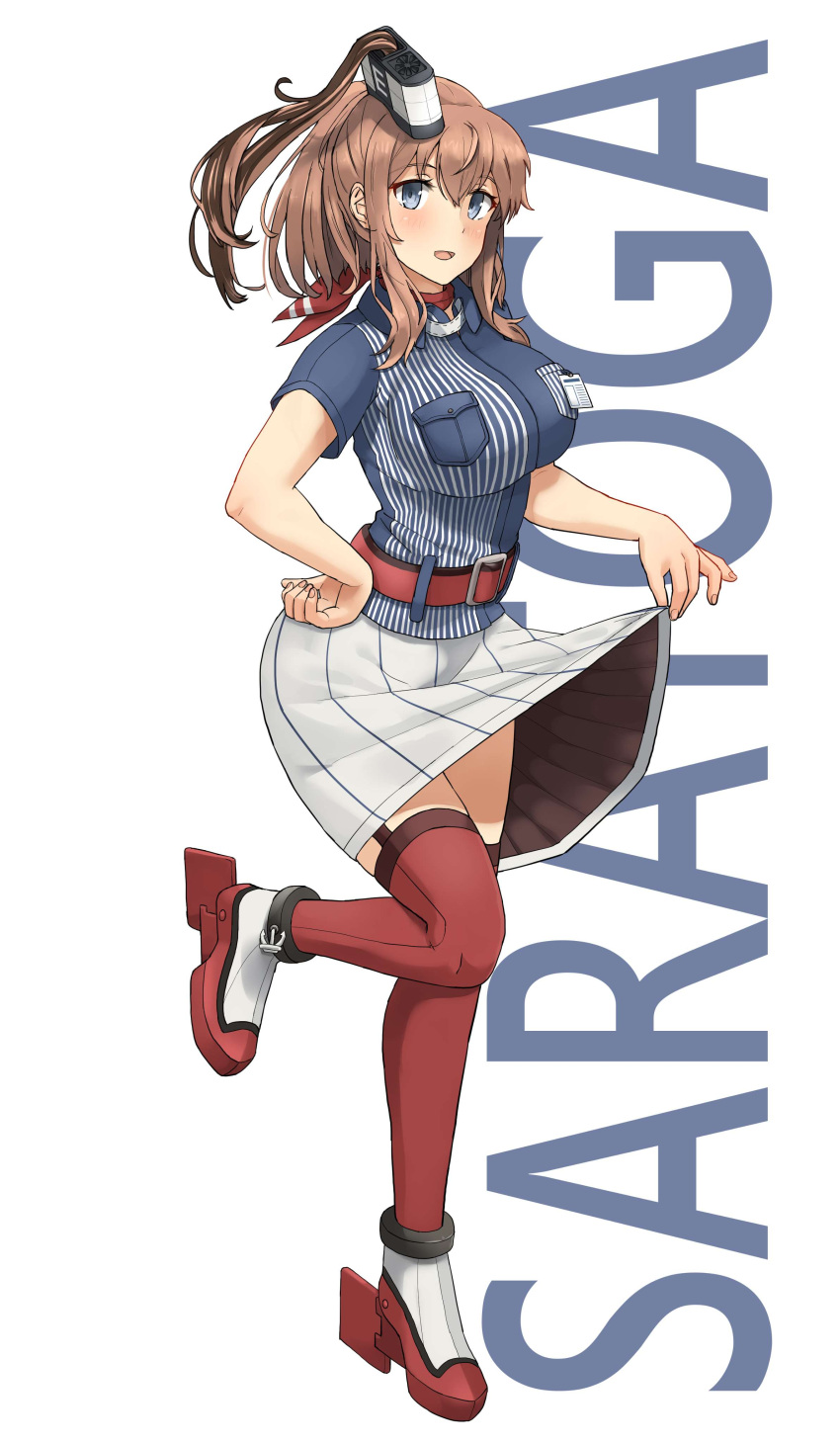 1girl absurdres adapted_costume alternate_costume blue_eyes blue_shirt breast_pocket breasts brown_hair character_name employee_uniform full_body garter_straps hair_between_eyes hand_on_hip highres kantai_collection large_breasts lawson name_tag neckerchief pocket red_legwear red_neckwear saratoga_(kantai_collection) shirt short_sleeves side_ponytail simple_background skirt skirt_lift smokestack_hair_ornament soil_chopsticks solo standing standing_on_one_leg striped striped_shirt thigh-highs uniform vertical-striped_shirt vertical_stripes white_background white_skirt