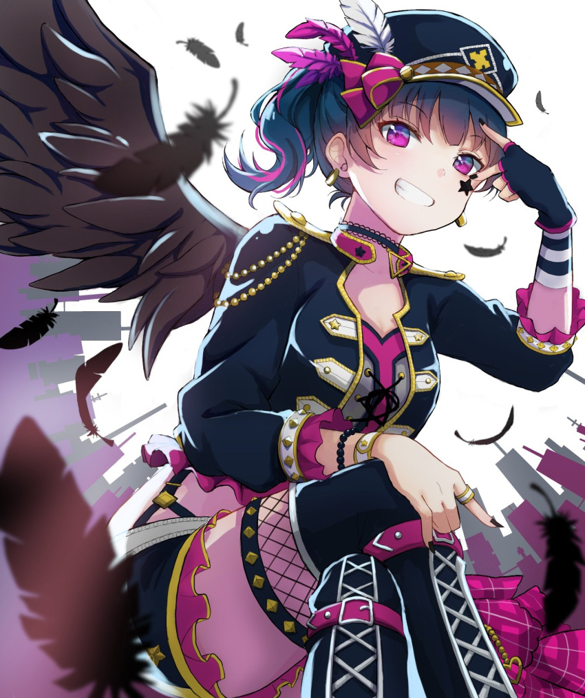 1girl \m/ alternate_hairstyle bangs black_choker black_feathers black_nails black_wings blue_hair choker commentary_request cross-laced_clothes earrings facial_mark feathered_wings feathers fingerless_gloves frilled_sleeves frills gloves grin hat hat_feather highres jacket jewelry legs_crossed looking_at_viewer love_live! love_live!_sunshine!! mia_(fai1510) nail_polish ring side_ponytail single_glove sitting smile solo star studded suspenders thighlet tsushima_yoshiko v_over_eye violet_eyes wings