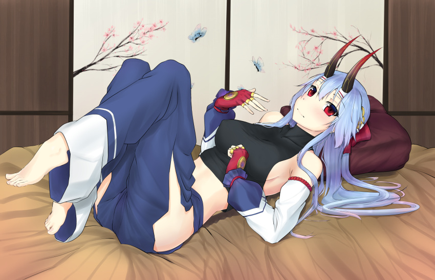 breasts butterfly cherry_blossoms fate/grand_order fate_(series) highres horns looking_at_viewer lying midriff on_back pillow red_eyes scwibbles sideboob thighs tomoe_gozen_(fate/grand_order)