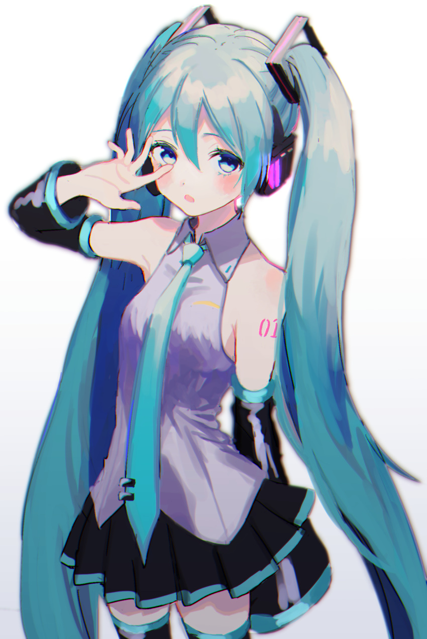 1girl aqua_eyes arm_behind_back arm_up bare_shoulders black_skirt blue_eyes blush breasts cleavage collared_shirt commentary_request detached_sleeves gradient gradient_background grey_shirt hatsune_miku headphones highres long_hair long_sleeves looking_at_viewer miniskirt p2_(uxjzz) pleated_skirt shirt shoulder_tattoo skirt solo standing tareme tattoo thigh-highs very_long_hair vocaloid white_background wing_collar zettai_ryouiki