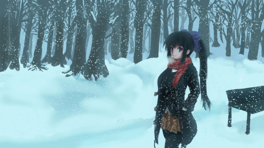 1girl bare_tree black_hair bow breasts hair_bow highres large_breasts long_hair noihara_himari noobcake omamori_himari ponytail scarf skirt smile snow snowing solo tree violet_eyes winter winter_clothes