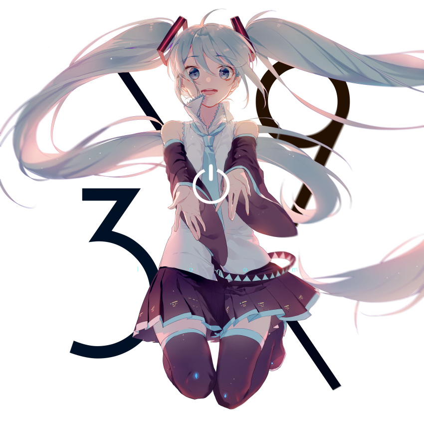 1girl 39 :d absurdres ahoge bangs bare_shoulders black_footwear black_legwear black_skirt blue_eyes blue_hair boots collared_shirt commentary_request dated detached_sleeves eyebrows_visible_through_hair hair_between_eyes hair_ornament hatsune_miku highres long_hair long_sleeves looking_at_viewer open_mouth outstretched_arms pleated_skirt power_symbol shirt simple_background skirt sleeveless sleeveless_shirt smile solo thigh-highs thigh_boots twintails upper_teeth very_long_hair vocaloid white_background white_shirt zhibuji_loom