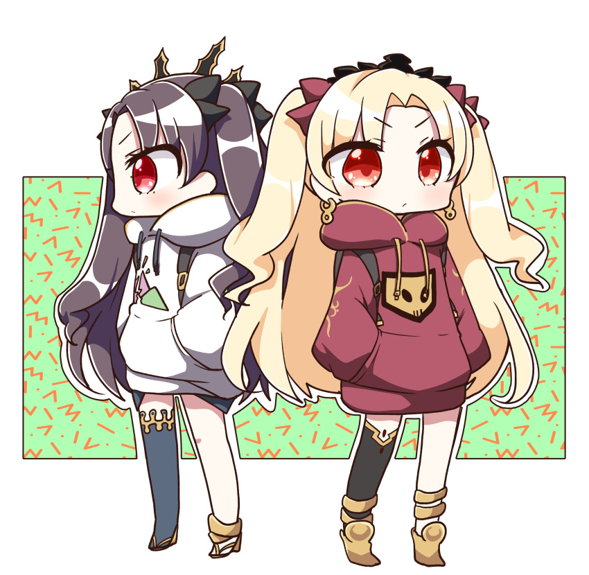 2girls absurdres alternate_costume backpack bag bangs black_bow black_hair black_legwear blonde_hair boots bow casual closed_mouth commentary_request drawstring earrings ereshkigal_(fate/grand_order) eyebrows_visible_through_hair fate/grand_order fate_(series) hair_bow hands_in_pockets highres hood hoodie infinity ishtar_(fate/grand_order) jako_(jakoo21) jewelry long_hair long_sleeves looking_at_viewer looking_away multiple_girls profile red_bow red_eyes red_hoodie sandals single_thighhigh standing thigh-highs tiara tohsaka_rin two_side_up very_long_hair white_hoodie