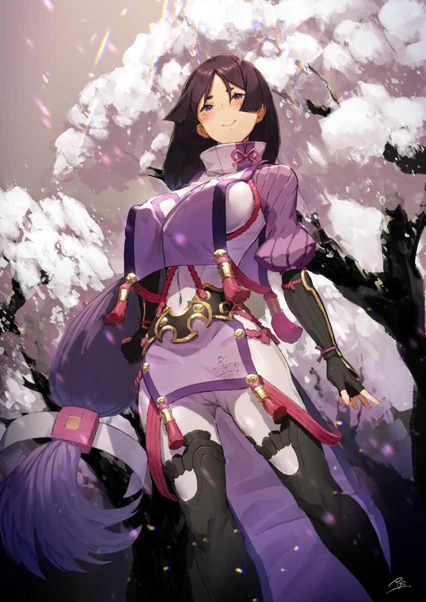 1girl absurdres armor bangs black_gloves blush bodysuit breasts cherry_blossoms covered_navel elbow_gloves eyebrows fate/grand_order fate_(series) fingerless_gloves gloves highres japanese_armor kote large_breasts loincloth long_hair looking_at_viewer low-tied_long_hair minamoto_no_raikou_(fate/grand_order) outdoors parted_bangs purple_bodysuit purple_hair pyz_(cath_x_tech) ribbed_sleeves rope signature smile solo suneate tabard tassel tree turtleneck very_long_hair violet_eyes