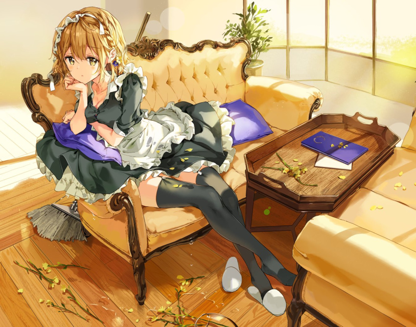 1girl apron black_legwear braid breast_hold breasts brown_hair chin_rest cleavage flower french_braid garter_straps indoors koiwai_yoshino looking_at_viewer maid maid_headdress masamune-kun_no_revenge medium_breasts mop parted_lips petals short_hair side_braid sitting slippers solo thigh-highs tiv waist_apron yellow_eyes