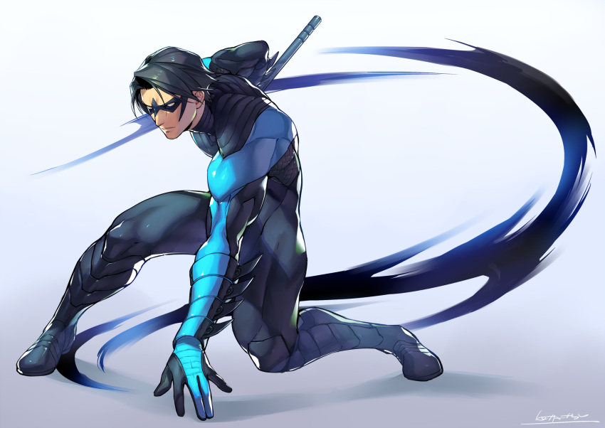 1boy arm_blade batman_(series) black_hair blue_bodysuit bodysuit boots closed_mouth full_body gradient gradient_background highres holding holding_weapon kotatsu_(g-rough) legs_apart male_focus mask muscle nightwing pose serious solo squatting weapon