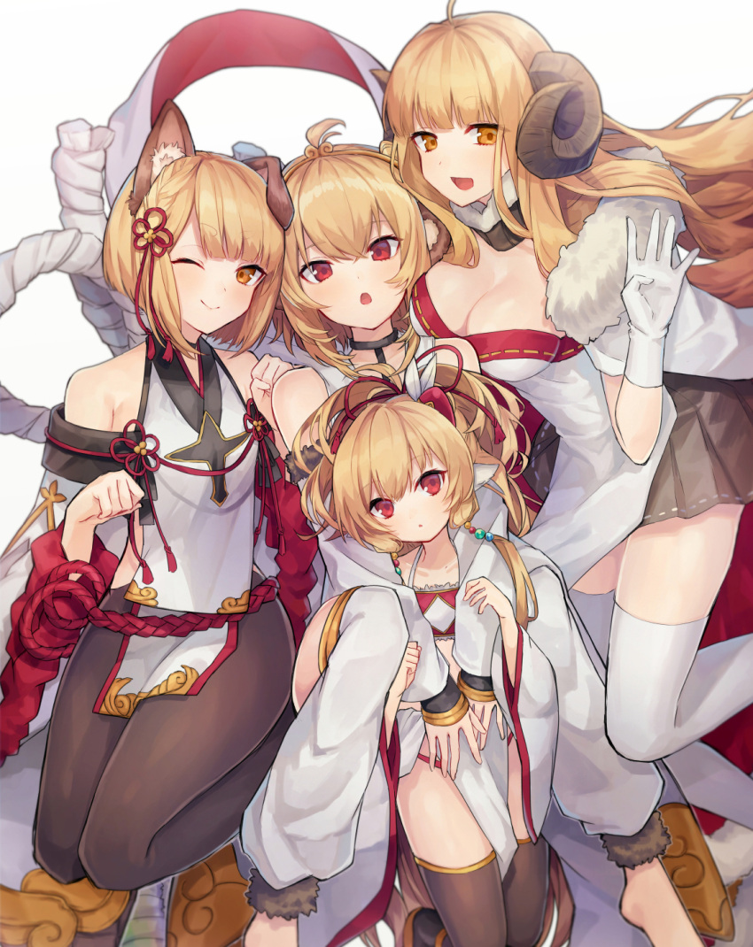 .com_(cu_105) 4girls :d :o ;) ahoge andira_(granblue_fantasy) anila_(granblue_fantasy) animal_ears bandeau bangs bare_shoulders barefoot black_choker black_legwear blonde_hair blunt_bangs blush breasts brown_eyes brown_skirt choker cleavage closed_mouth collarbone commentary_request detached_sleeves dog_ears draph dress erune eyebrows_visible_through_hair feathers fur_trim gloves granblue_fantasy hair_feathers halter_top halterneck harvin head_tilt headgear highres horns long_hair long_sleeves looking_at_viewer makira_(granblue_fantasy) medium_breasts monkey_ears multiple_girls one_eye_closed open_mouth pantyhose parted_lips paw_pose pelvic_curtain pleated_skirt red_bandeau red_eyes rope sheep_horns shimenawa short_hair simple_background skirt sleeves_past_wrists smile thick_eyebrows thigh-highs vajra_(granblue_fantasy) very_long_hair white_background white_dress white_feathers white_gloves white_legwear