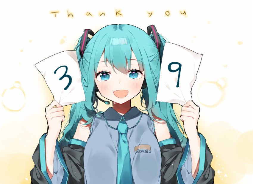 1girl 39 aqua_eyes aqua_hair aqua_neckwear bangs bare_shoulders blush clothes_writing collared_shirt copyright_name detached_sleeves eyebrows_visible_through_hair gradient gradient_background hair_ribbon hatsune_miku headset holding long_hair long_sleeves looking_at_viewer necktie number ongyageum paper ribbon shiny shiny_hair shirt solo twintails upper_body upper_teeth very_long_hair vocaloid wide_sleeves wing_collar yellow_background