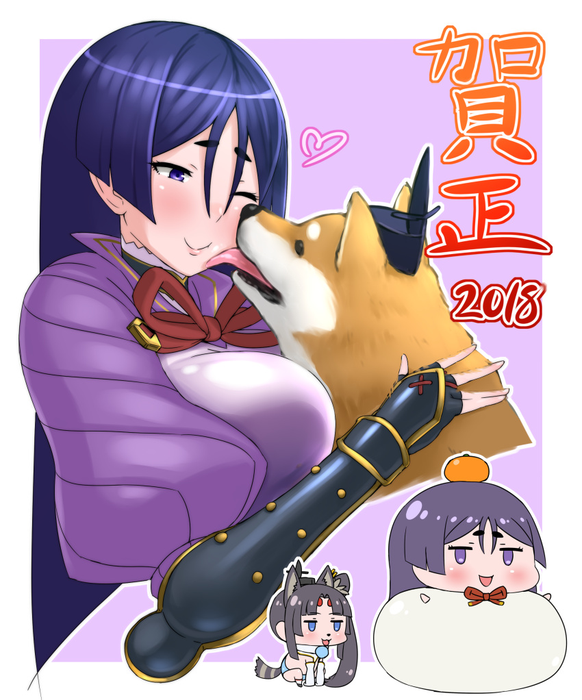 2018 2girls :3 :d absurdres all_fours animal_ears animalization blue_eyes blush bracer breasts cheek_licking chibi commentary_request detached_sleeves dog dog_ears dog_tail face_licking fate/grand_order fate_(series) food fruit hat heart highres hitome large_breasts licking long_hair looking_at_viewer mandarin_orange minamoto_no_raikou_(fate/grand_order) multiple_girls neck_ribbon new_year open_mouth puffy_sleeves purple_background purple_hair red_ribbon rei_(rei_rr) ribbon shiba_inu side_ponytail simple_background smile stuck tail translation_request ushiwakamaru_(fate/grand_order) violet_eyes year_of_the_dog