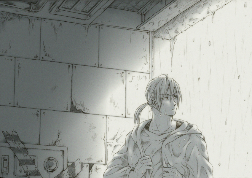 1boy ceiling collarbone graphite_(medium) indoors jacket long_hair long_sleeves looking_away looking_back machi_(ch1ja) male_focus mechanical_pencil monochrome original pencil ponytail rain serious shirt solo traditional_media wall water wet