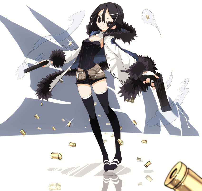 1girl asagiri_asagi belt black_eyes black_hair breasts disgaea dual_wielding gun hair_ornament hairclip highres naruwe nippon_ichi short_hair short_shorts shorts smile solo thigh-highs weapon