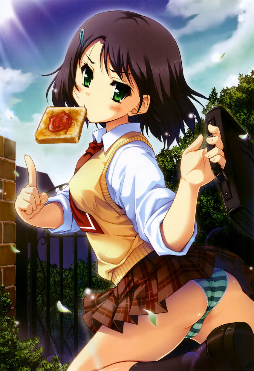 ass blush briefcase brown_hair green_eyes hair_ornament hairclip highres jam leaf mouth_hold necktie panties plaid plaid_skirt pleated_skirt school_uniform short_hair skirt sky sloud striped striped_panties tartan toast toast_in_mouth tougarashi_hideyu underwear vest