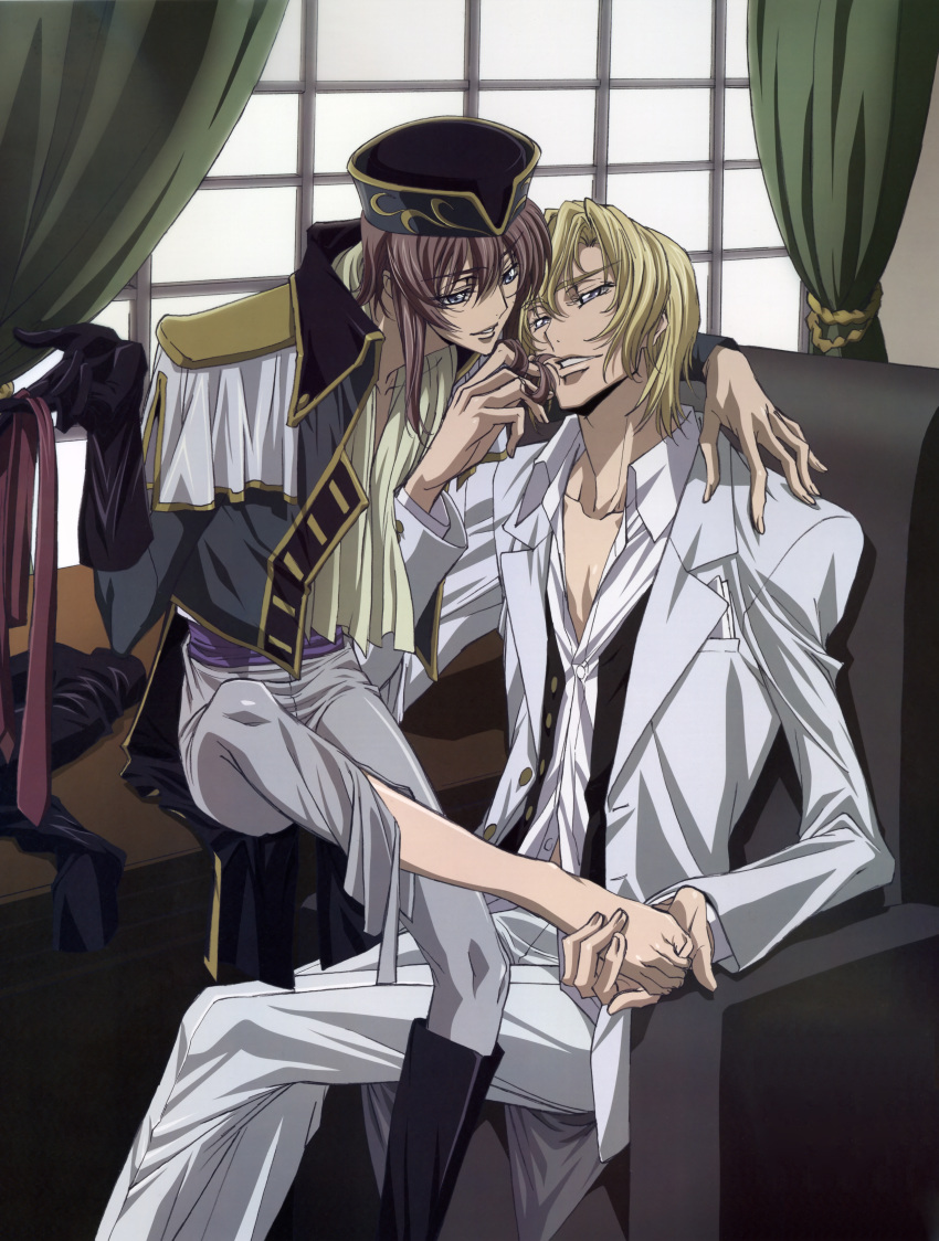 absurdres barefoot blonde_hair blue_eyes boots brown_hair chair code_geass curtains eye_contact feet foot_worship formal gloves hair_tussle hat highres holding_another's_foot huge_filesize kannon_maldini male military military_uniform multiple_boys necktie official_art pink_hair sakou_yukie scarf schneizel_el_britannia single_glove sitting smile suit uniform window yaoi