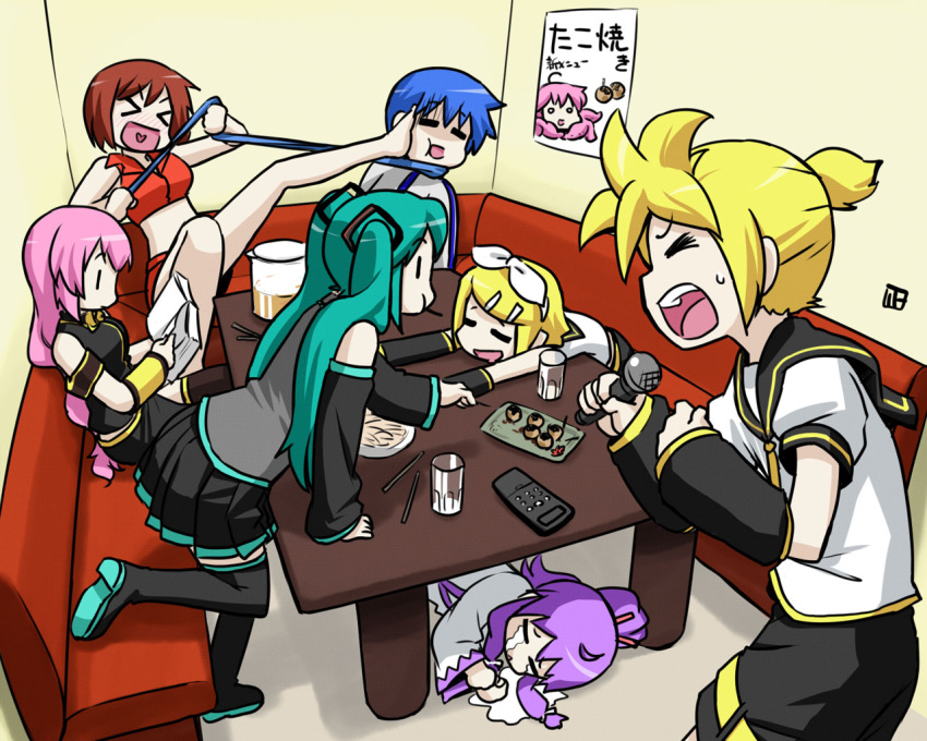 &gt;_&lt; barefoot book cameo chibi controller drunk eating hatsune_miku kagamine_len kagamine_rin kaito kamui_gakupo karaoke kick kicking megurine_luka meiko microphone nagian remote_control singing skirt takoluka takoluka_(cameo) tears thigh-highs thighhighs twintails vocaloid |_|