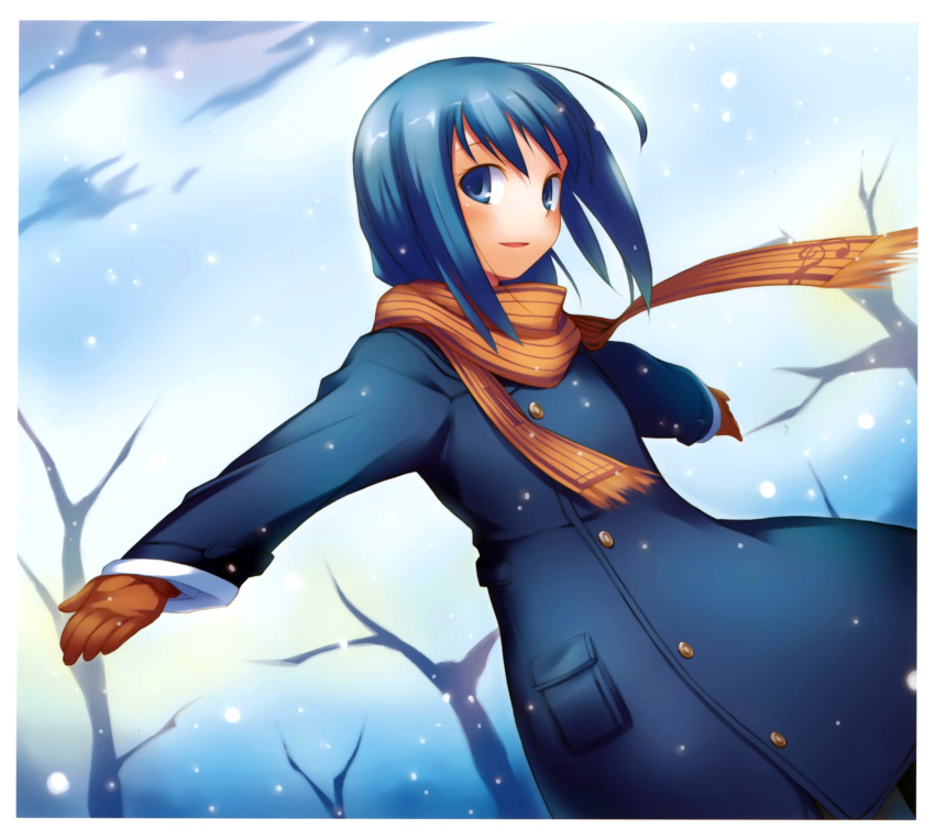 1girl absurdres ahoge black_legwear blue_eyes blue_hair coat gloves highres musical_note nanakusa outstretched_arms scan scarf smile snowing solo spread_arms treble_clef