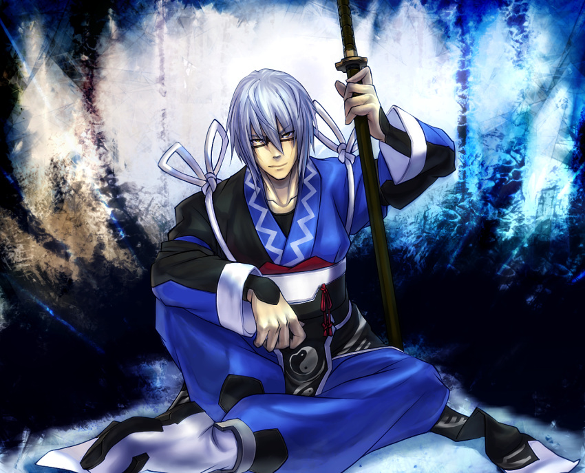 eho_(icbm) glasses kaiho male morichika_rinnosuke sheath sheathed silver_hair sitting solo sword touhou weapon yellow_eyes