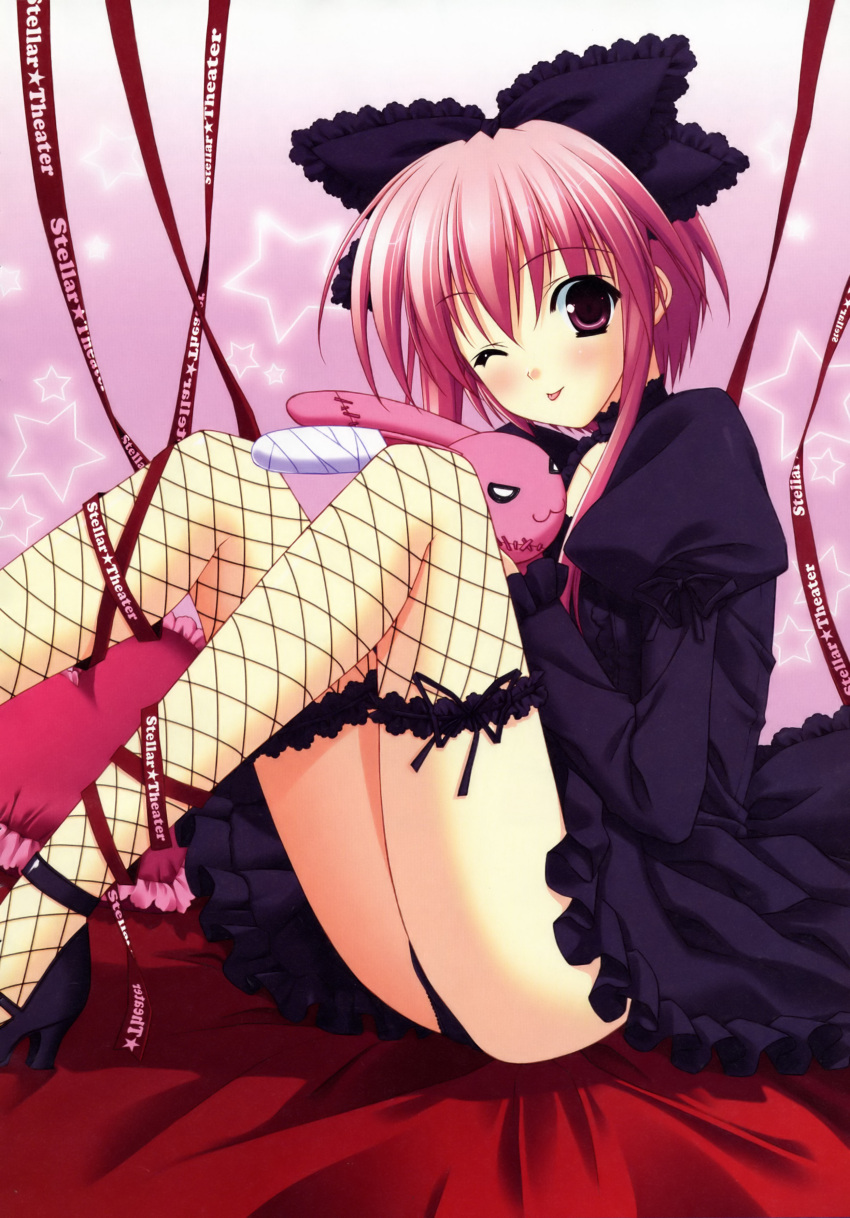 absurdres black_panties blush dress fishnet_legwear fishnet_stockings fishnets fujisaki_amane garters gothic_lolita high_heels highres lolita_fashion panties pink_eyes pink_hair ribbon shoes short_hair sitting star stellar_theater stuffed_animal stuffed_toy suzuhira_hiro thigh-highs thighhighs tongue underwear wink