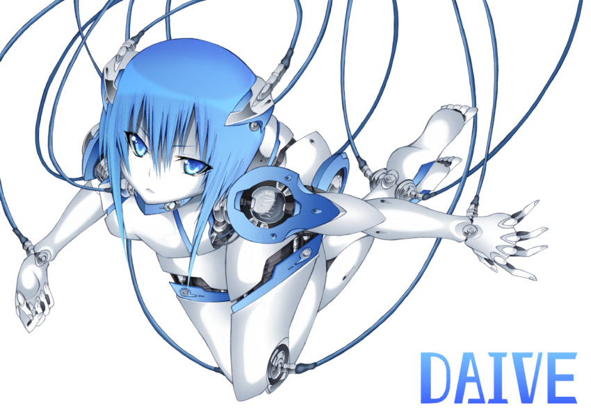 barefoot blue_eyes blue_hair cable daive pale_skin robot robot_joints short_hair wires