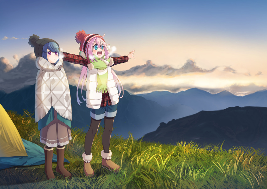 2girls :d :o absurdres ahoge ankle_boots aqua_eyes arms_up bangs beanie black_hat black_legwear blue_hair blush bobblehat boots breath brown_footwear brown_skirt clouds coat day denim denim_shorts eyebrows_visible_through_hair fringe full_body fur-trimmed_boots fur_trim grass green_scarf hair_between_eyes hat highres joker_(tomakin524) kagamihara_nadeshiko knee_boots long_hair long_skirt long_sleeves mountain multiple_girls open_clothes open_coat open_mouth outstretched_arms pantyhose pantyhose_under_shorts parted_lips pink_hair plaid plaid_shirt pom_pom_(clothes) poncho red_hat red_shirt round_teeth scarf shima_rin shirt shorts skirt smile spread_arms swept_bangs teeth tent violet_eyes white_coat yurucamp