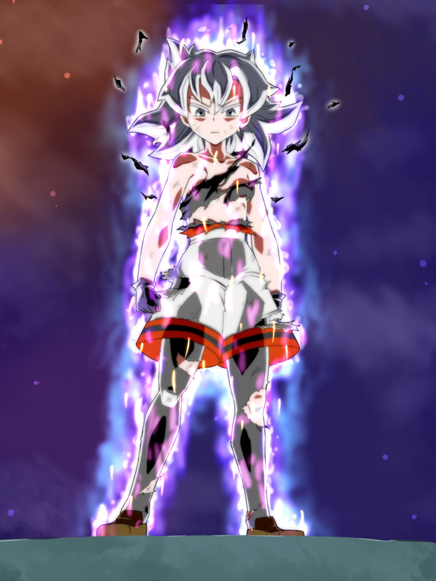 1girl alternate_eye_color alternate_hair_color aura black_gloves brown_footwear clenched_hands closed_mouth dragon_ball dragon_ball_super full_body gloves grey_eyes grey_shorts highres kaban_(kemono_friends) kemono_friends pantyhose parody serious shorts silver_hair spiky_hair torn_clothes torn_pantyhose tsukushi_(741789) ultra_instinct