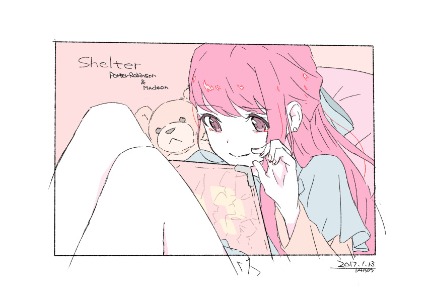 absurdres blue_shirt border dated eyebrows_visible_through_hair highres knees long_hair pink_eyes pink_hair rin_(shelter) shelter_(music_video) shirt signature sitting smile stuffed_animal stuffed_toy tablet taisos teddy_bear text