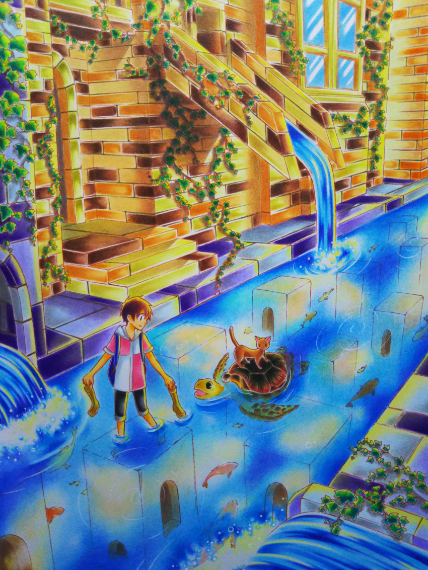1boy absurdres asou_haruka barefoot boots brown_cat brown_footwear brown_hair cat closed_mouth colored_pencil_(medium) commentary commentary_request fish happy highres holding holding_footwear hood hoodie jacket open_mouth original partially_submerged scenery shoes short_hair smile stairs swimming traditional_media turtle underwater walking water watercolor_pencil_(medium) window
