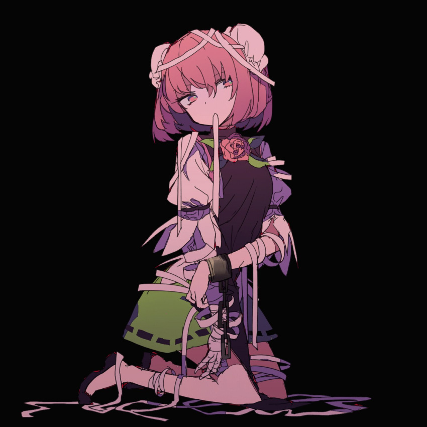 1girl amputee bandage bandaged_arm black_background bun_cover busujima_(kusahana) chains cuffs double_bun flower full_body green_skirt hair_bun highres ibaraki_kasen kneeling leaf mouth_hold pink_eyes pink_flower pink_hair pink_rose puffy_short_sleeves puffy_sleeves ribbon rose shackles shoes short_hair short_sleeves simple_background skirt solo tabard touhou